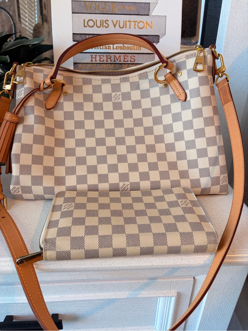 Louis Vuitton Damier Azur Canvas Shoulder Bag with Tan Leather Trim.